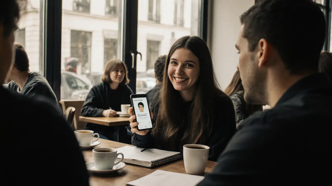 A diverse group in a Berlin café, one person using a verified escort platform on their phone.
