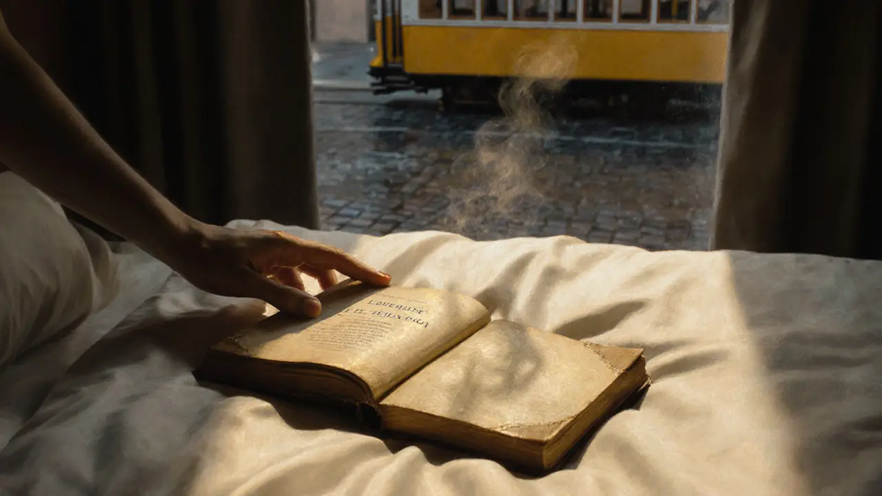 A first edition book left on a hotel pillow with morning light streaming in, evoking a quiet, meaningful farewell.