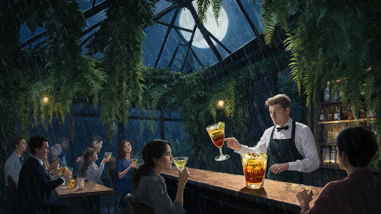 A greenhouse bar at night with rain on glass, hanging vines, and patrons sipping earthy cocktails under moonlight.