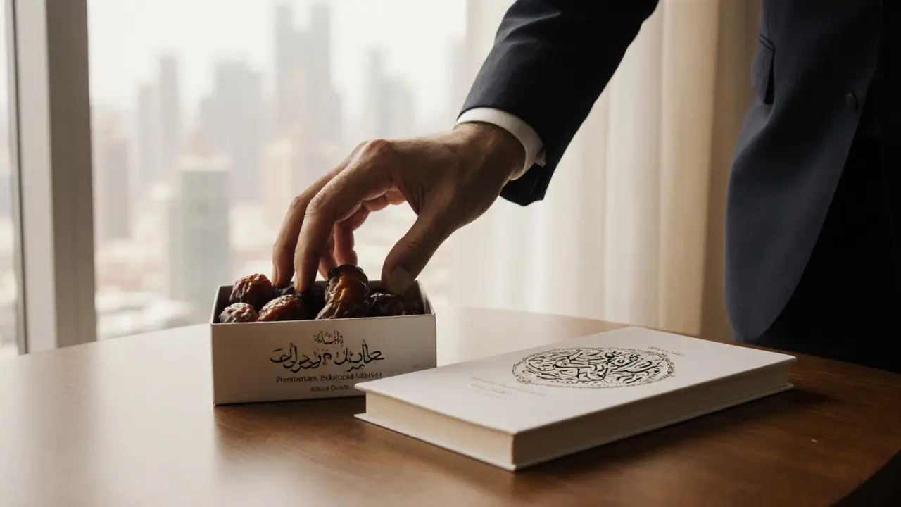 A hand placing a box of dates and a book with Arabic text on a wooden table in a hotel room.