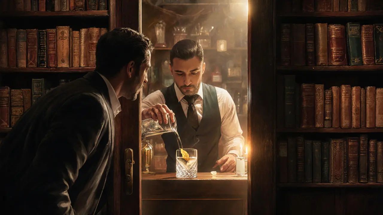 A hidden speakeasy behind a bookshop, with a bartender pouring a smoky cocktail and golden leaf floating above it.