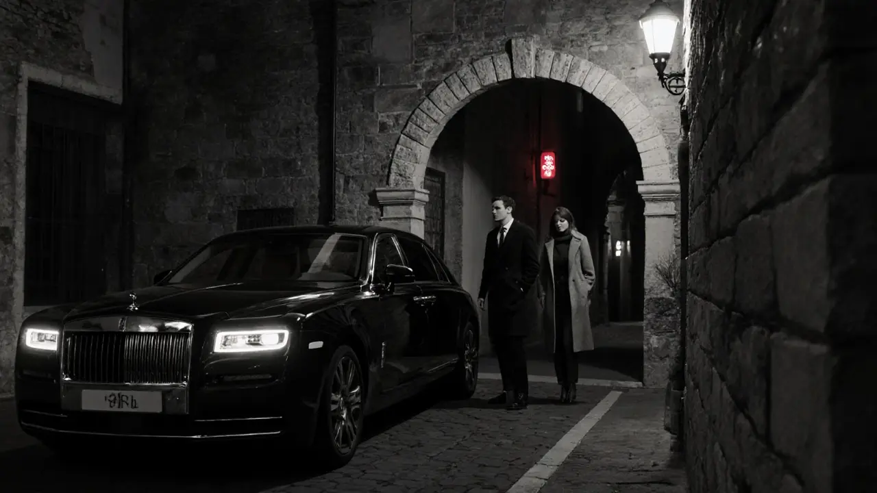 A man and woman meeting silently in a hidden Milan courtyard under a streetlamp, disappearing into shadows.