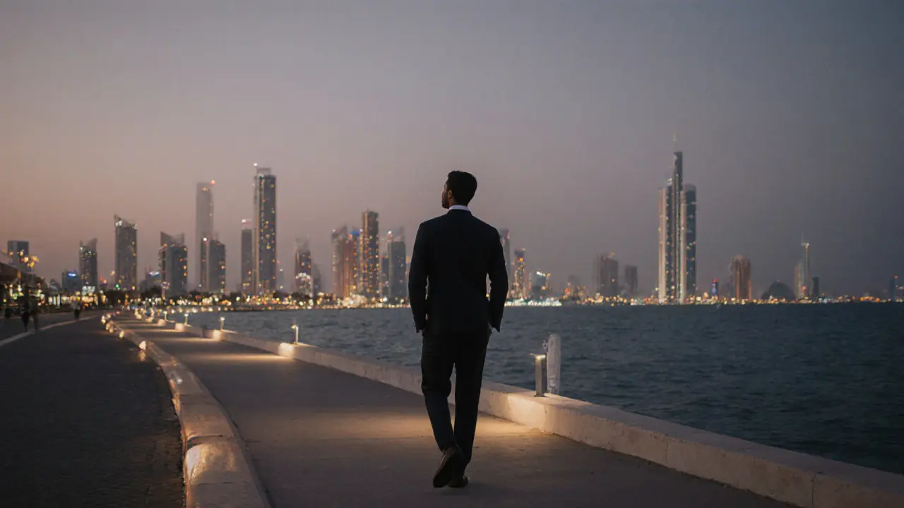 A man walking thoughtfully along Abu Dhabi&#039;s Corniche at twilight, embodying calm confidence.