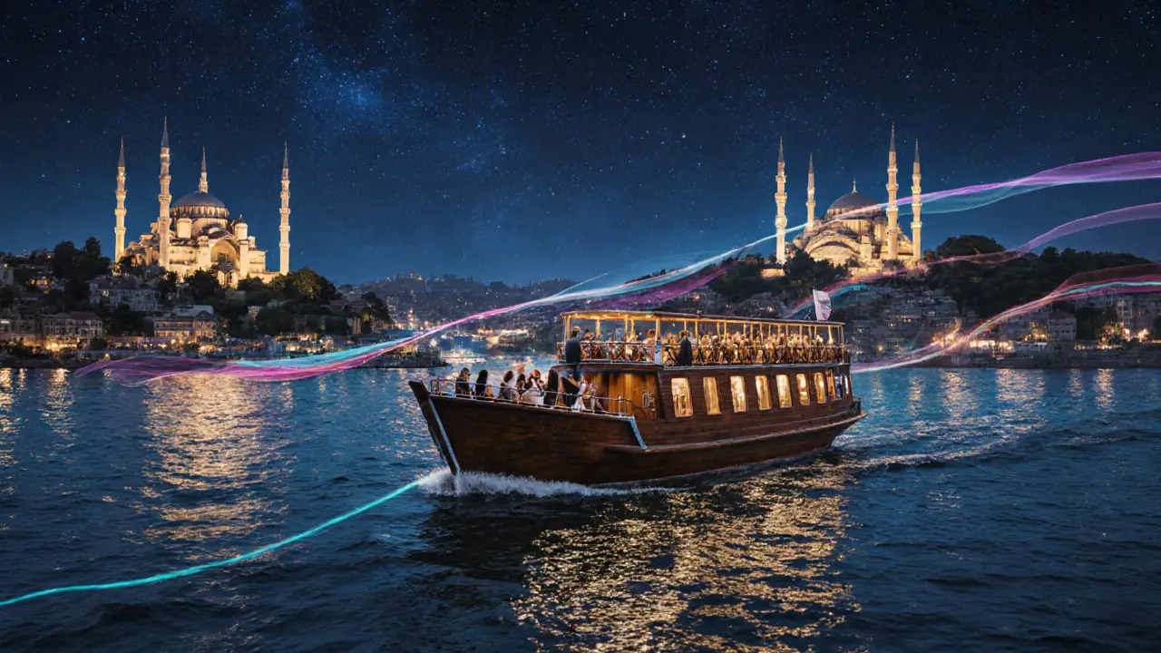 A night cruise on the Bosphorus under stars, guests sipping rakı as Istanbul&#039;s illuminated skyline glows on both sides.
