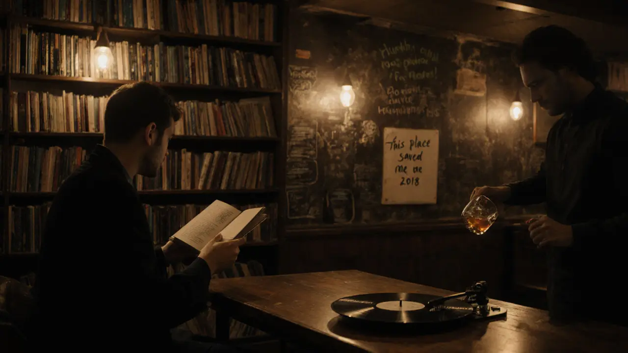 A patron reads a book at a wooden table in a bookstore bar lit by soft lamplight.