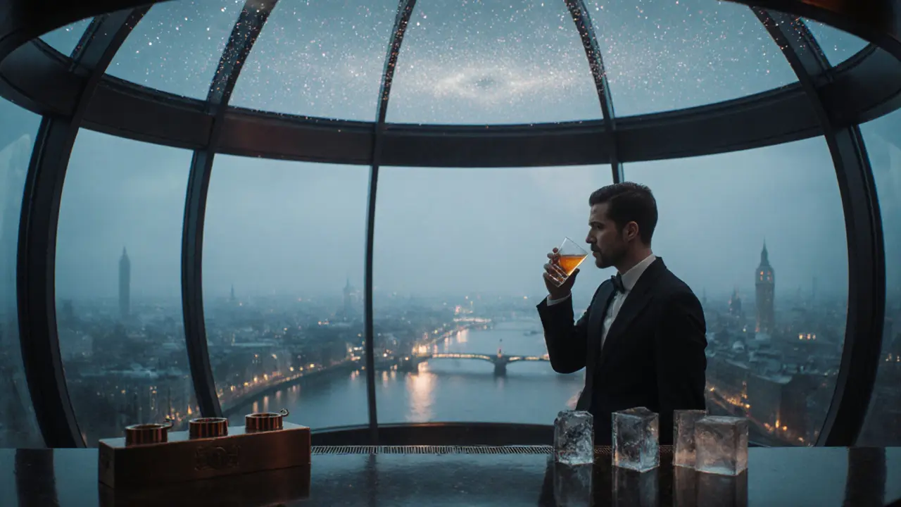 A person drinking alone in a glass globe suspended high above the Thames at night.