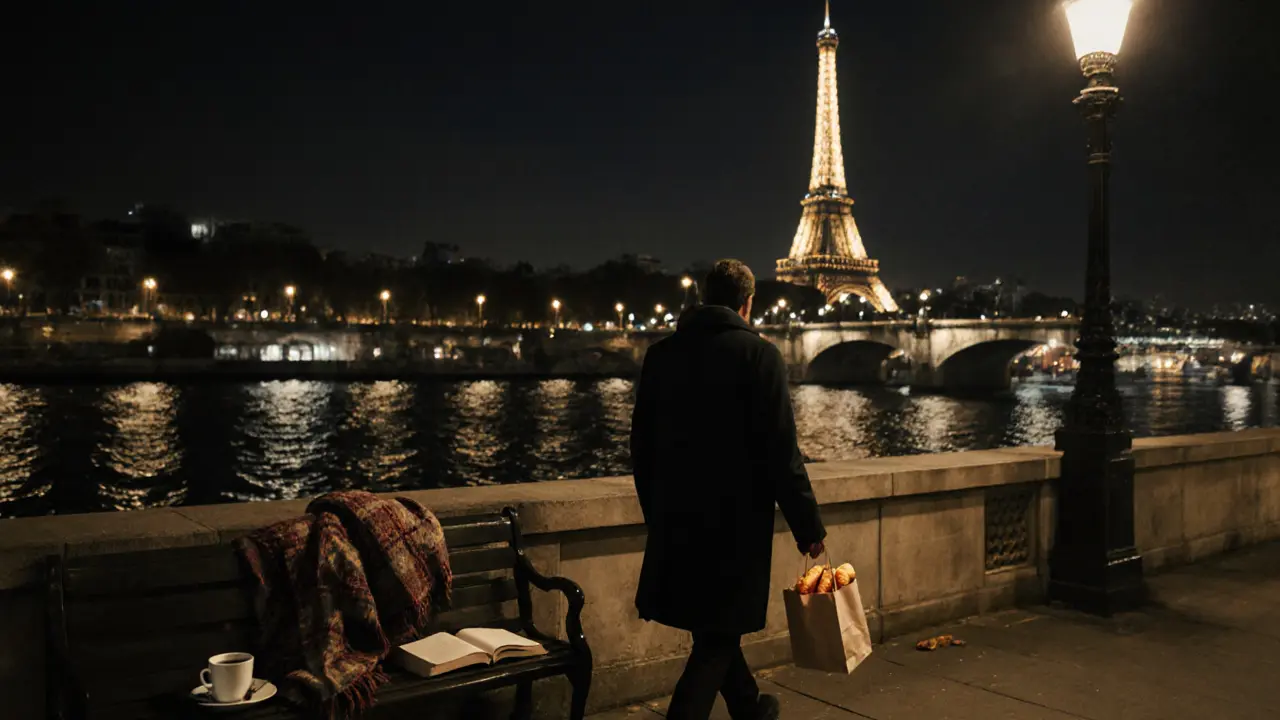 A person walking by the Seine at night with a croissant bag and empty bench