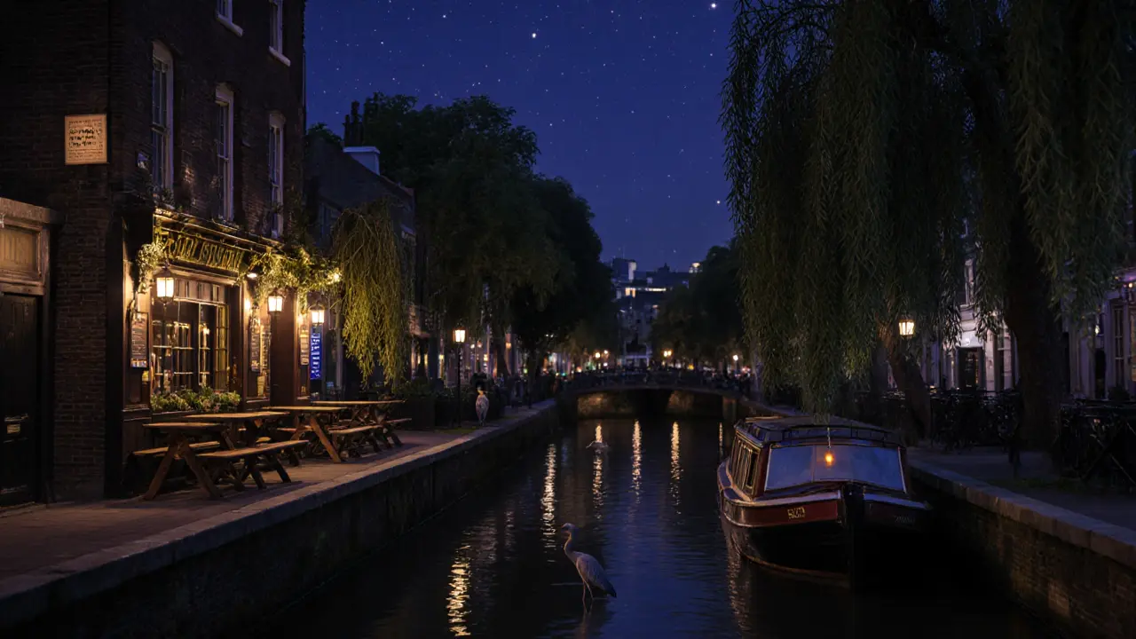 A quiet canal-side pub at night with a drifting boat, candlelight, and a heron standing still by the water.