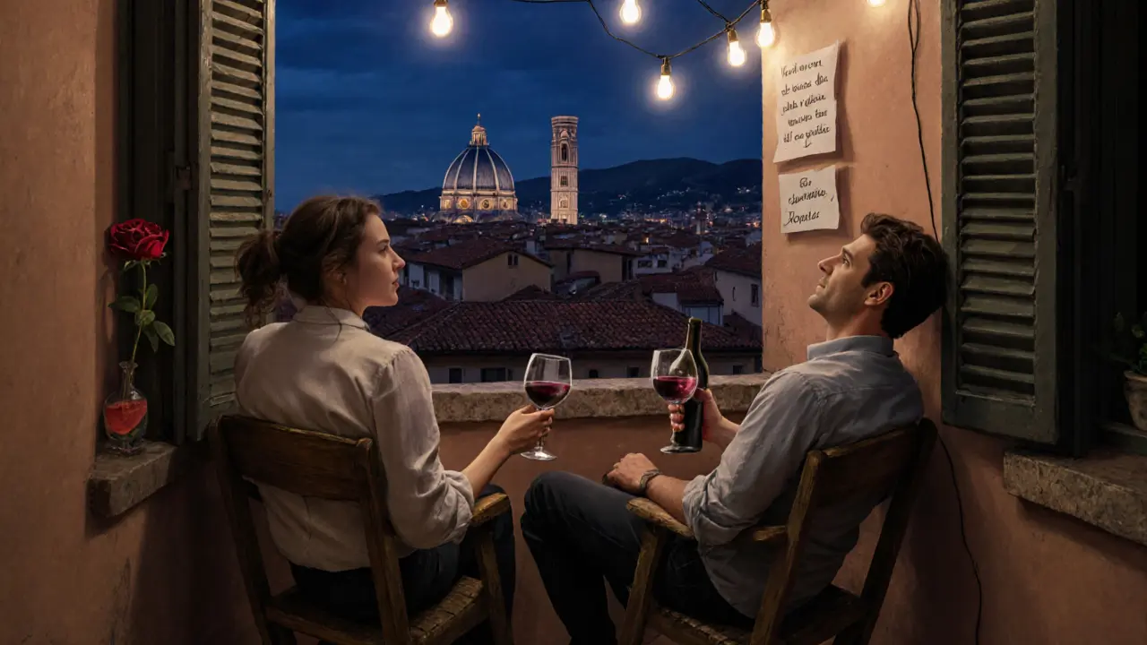 A quiet rooftop in Brera at dusk, two people sharing wine under soft string lights with a rose and note nearby.