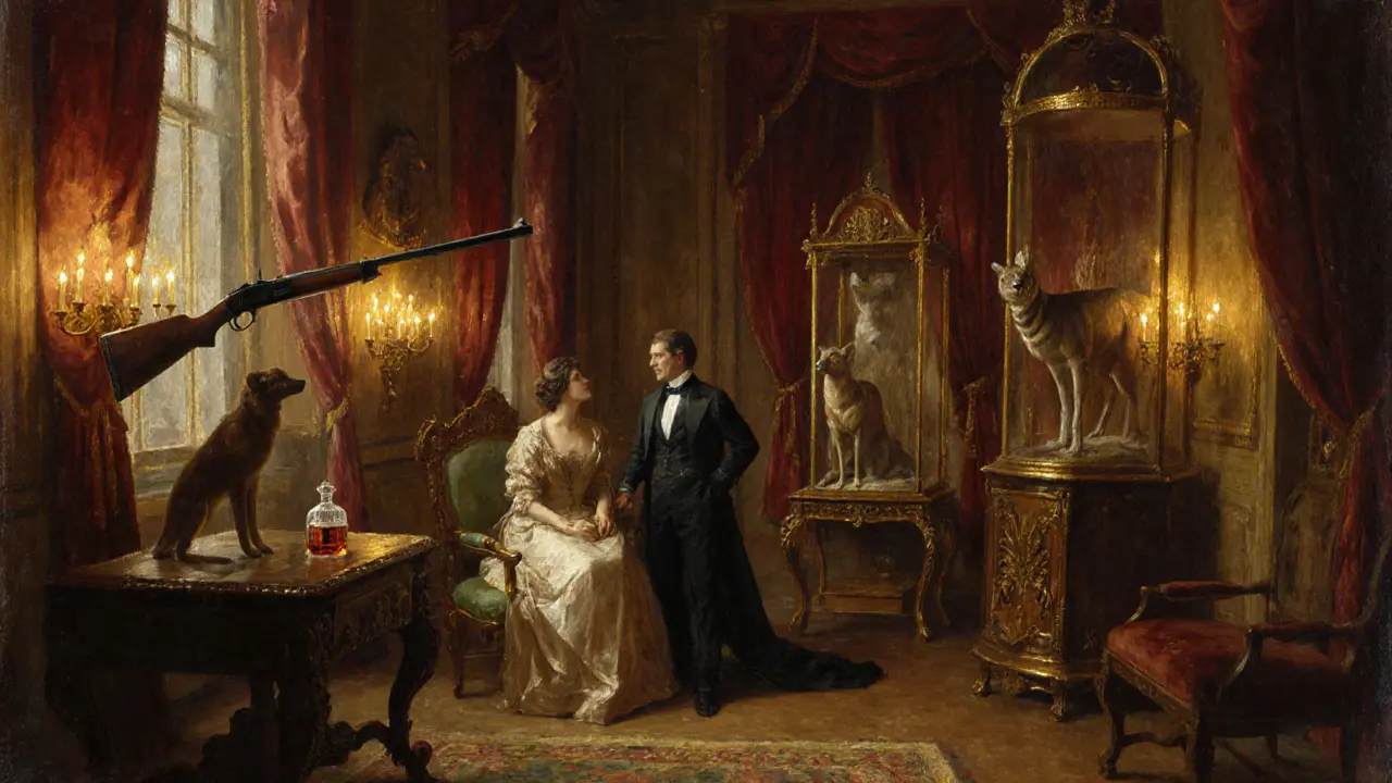 A refined couple converses in a candlelit hall surrounded by antique hunting artifacts and taxidermy.