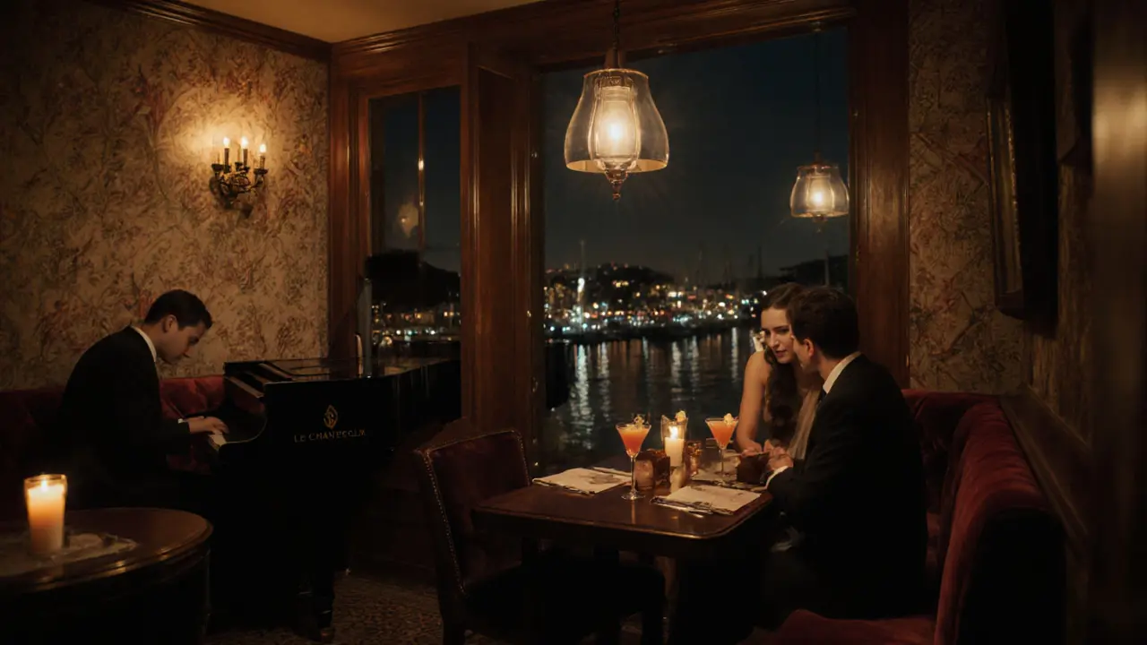 A romantic jazz bar with candlelit tables, a pianist playing, and a couple sharing a drink in a cozy 1920s-style setting.
