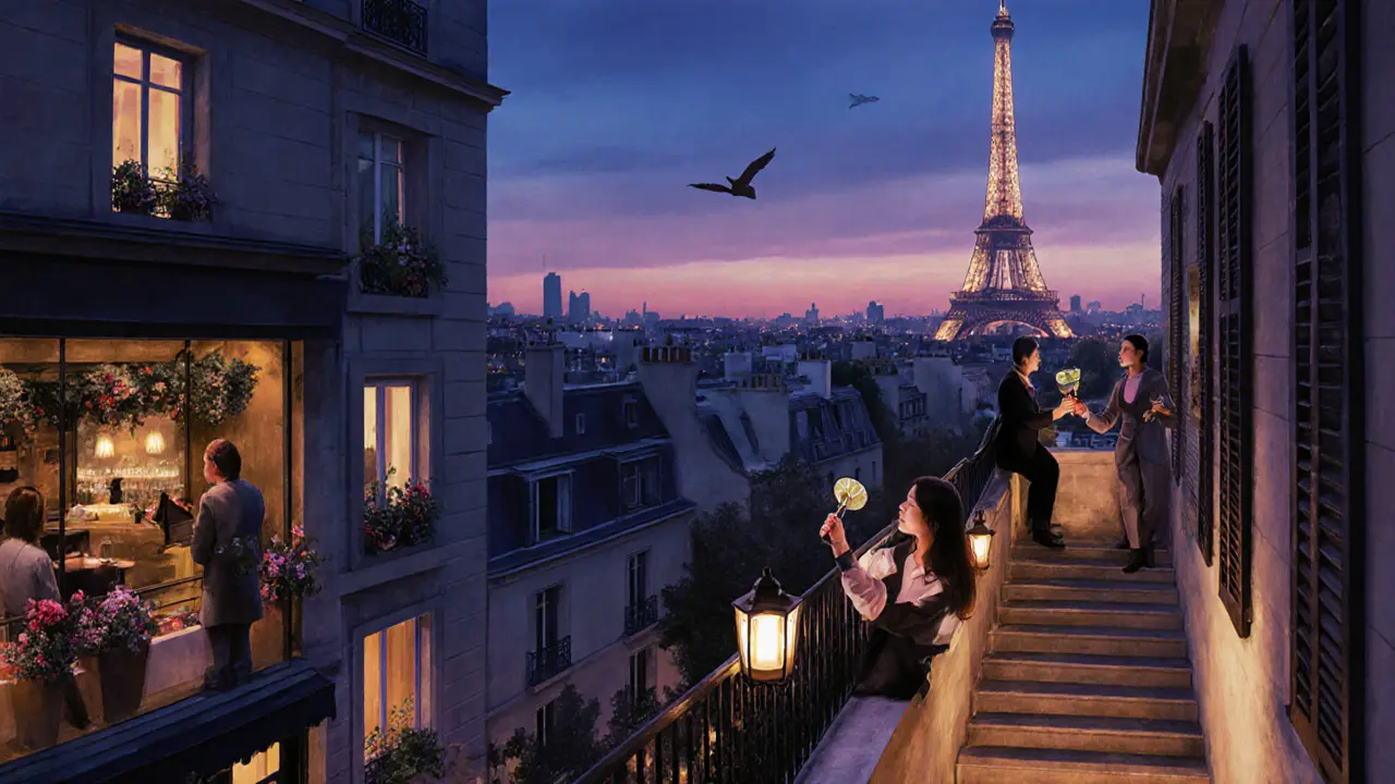 A rooftop terrace overlooking Paris at twilight, guests enjoying cocktails with the city lights behind them.