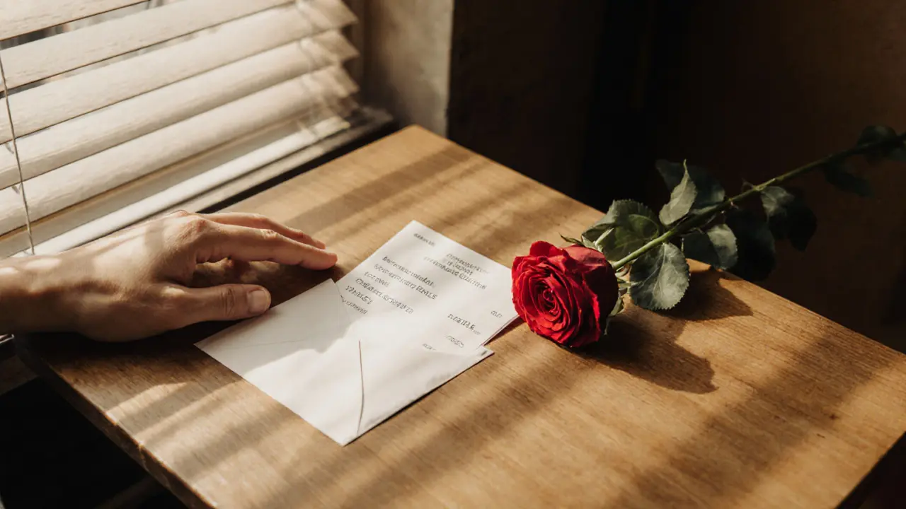 A sealed envelope and a wilted red rose sit on a café table, symbolizing a paid encounter’s emotional aftermath.
