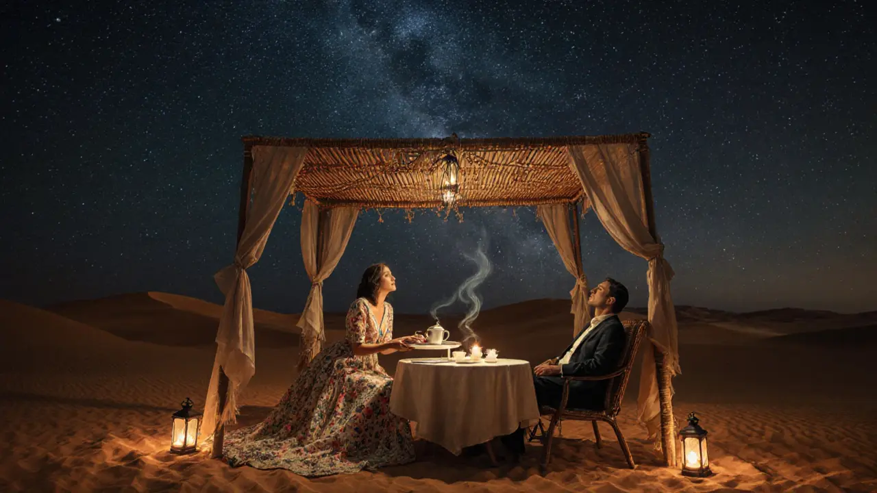 A serene desert camp under a starlit sky, with two figures sharing tea by a candlelit table amidst the dunes.