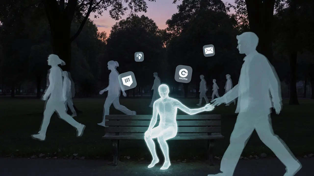 A solitary figure on a park bench, surrounded by passing silhouettes, with digital app icons fading into the trees.