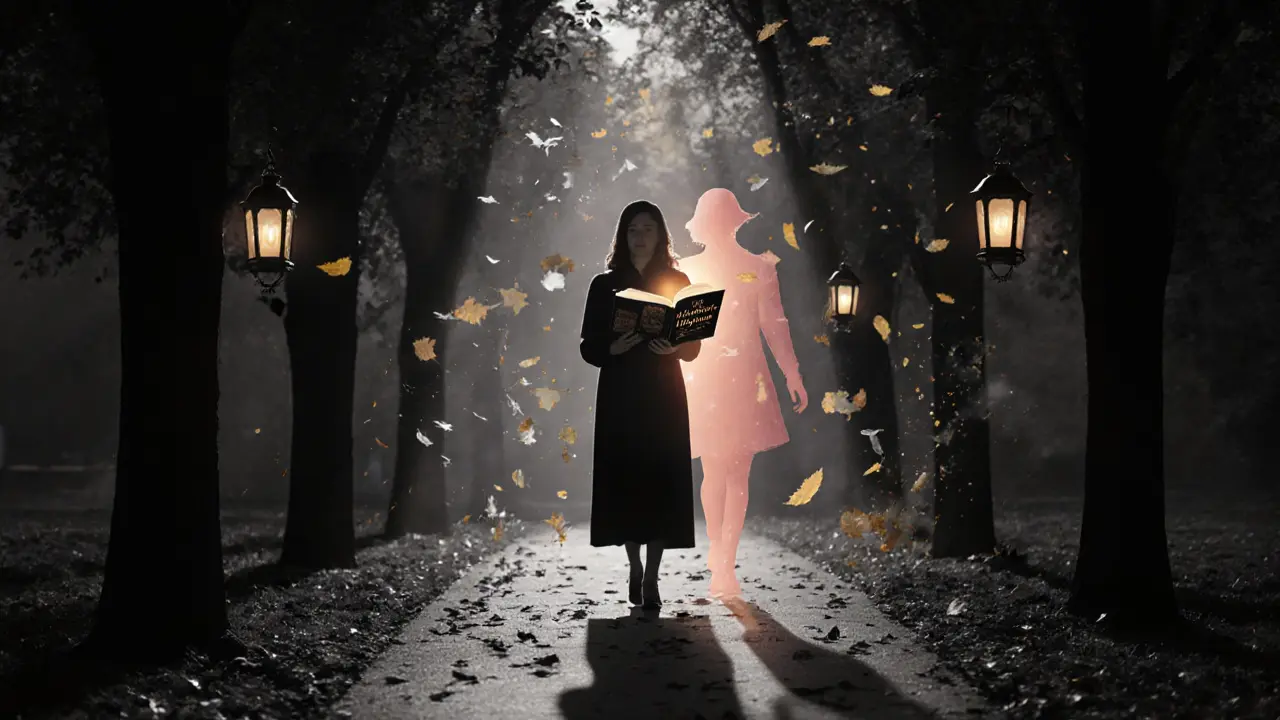 A solitary walker in Hyde Park with a glowing companion shadow holding a book, surrounded by floating lanterns.