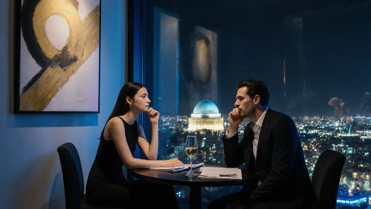 A sophisticated man and woman conversing at a rooftop lounge in Abu Dhabi, with the city skyline and art gallery dome in the background.