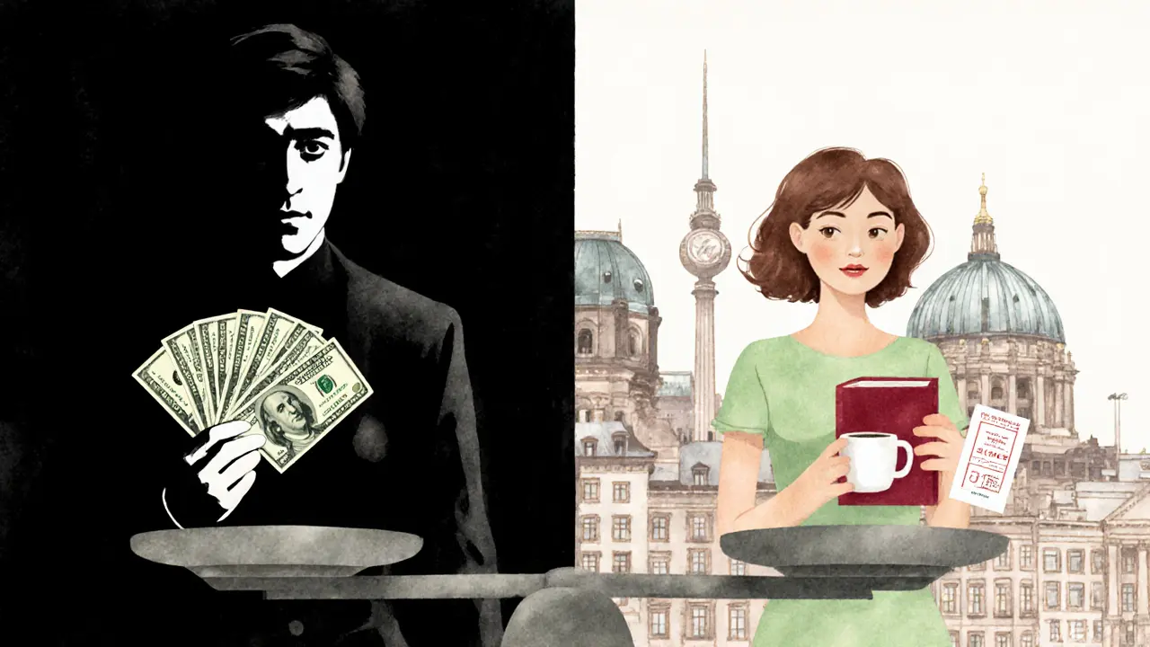 A symbolic scale contrasting Hollywood stereotypes with real companionship in Berlin.