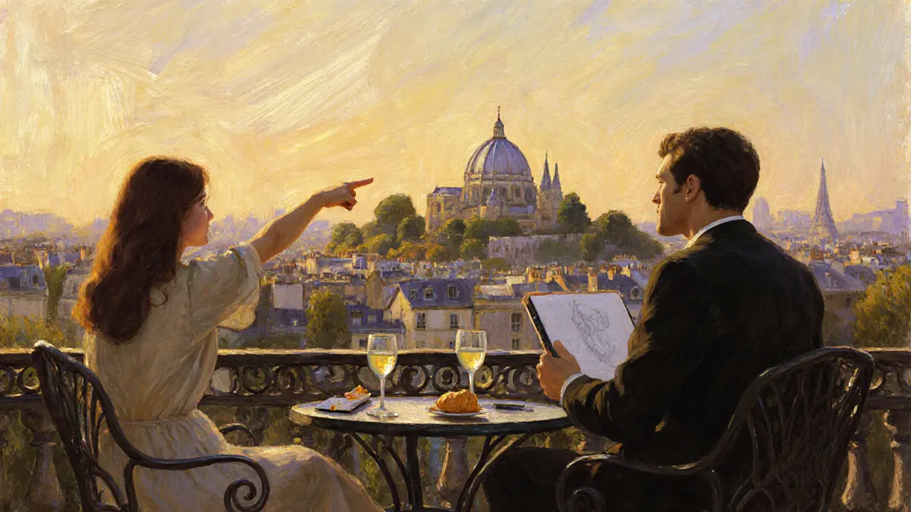 A woman and man enjoy a quiet terrace view of Sacré-Cœur, sketchbook and wine glasses beside them at golden hour.