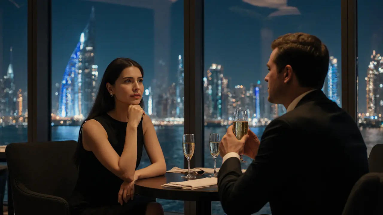 A woman and man having a respectful conversation in an elegant Dubai lounge at night.