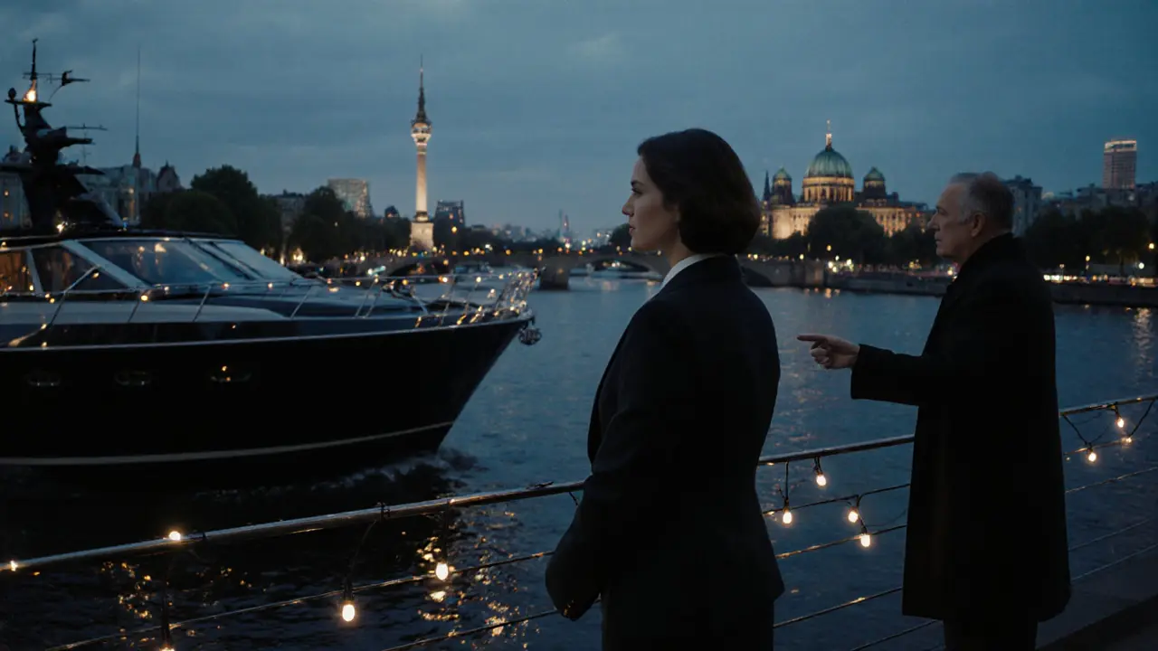 A woman and man on a yacht along the Spree River, city lights reflecting on the water.