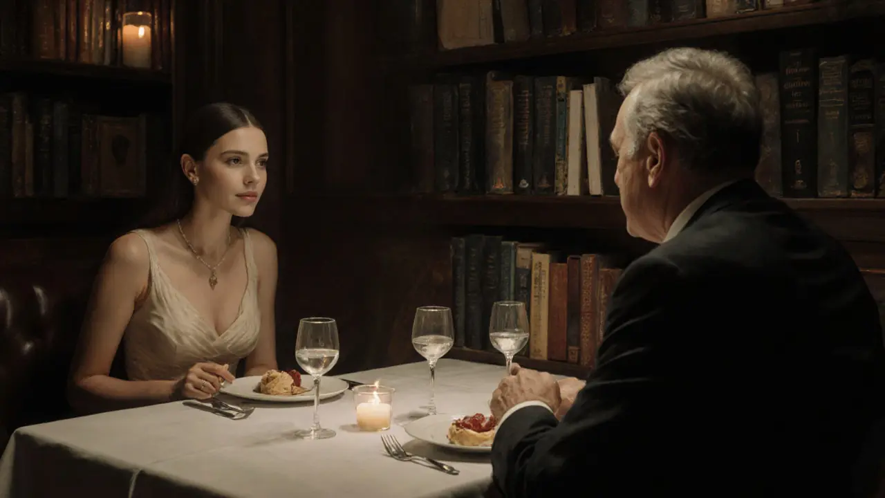 A woman and man sit across from each other in a dim Parisian lounge, sharing a quiet moment of emotional connection over wine and books.