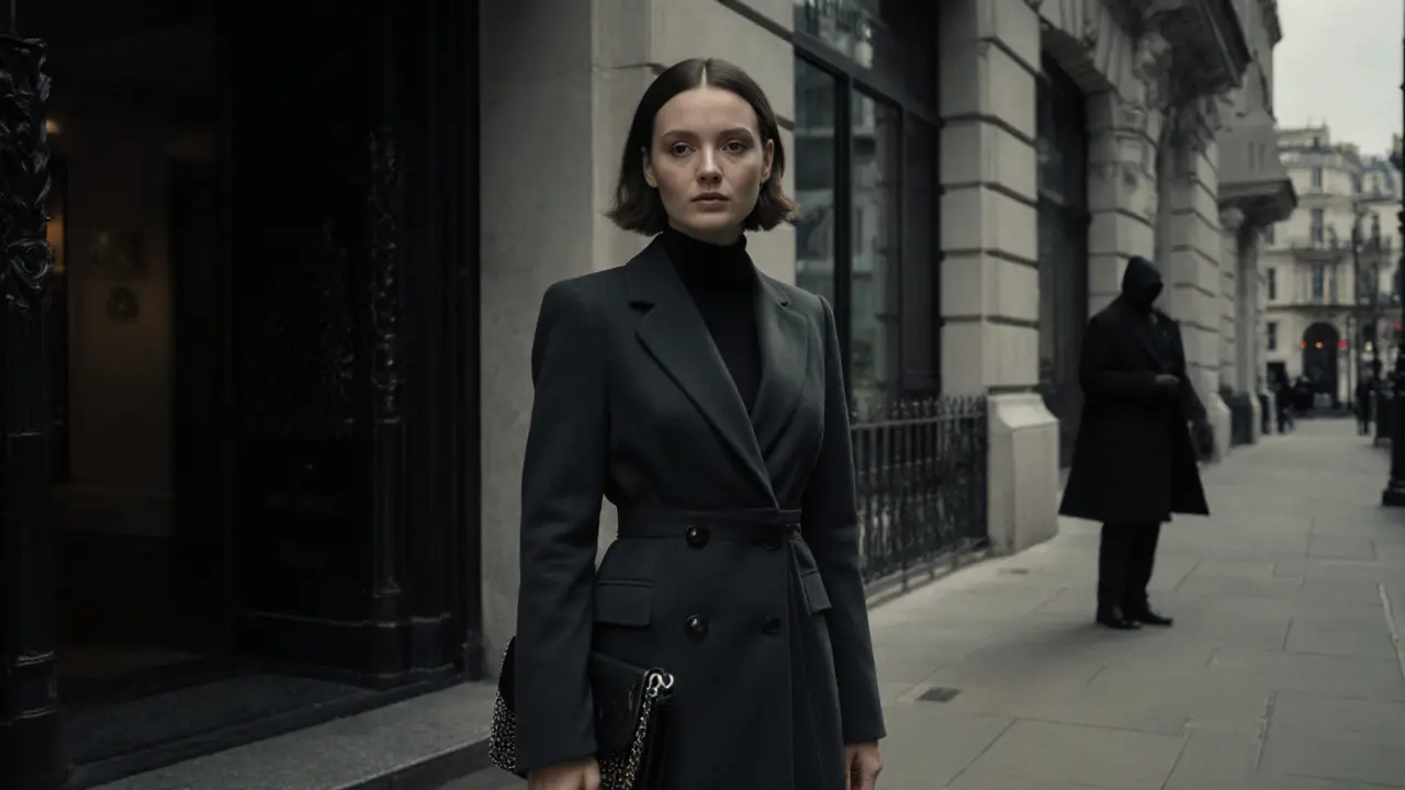 A woman in a professional coat stands outside a London building, calm and composed, with a shadowy observer in the background.