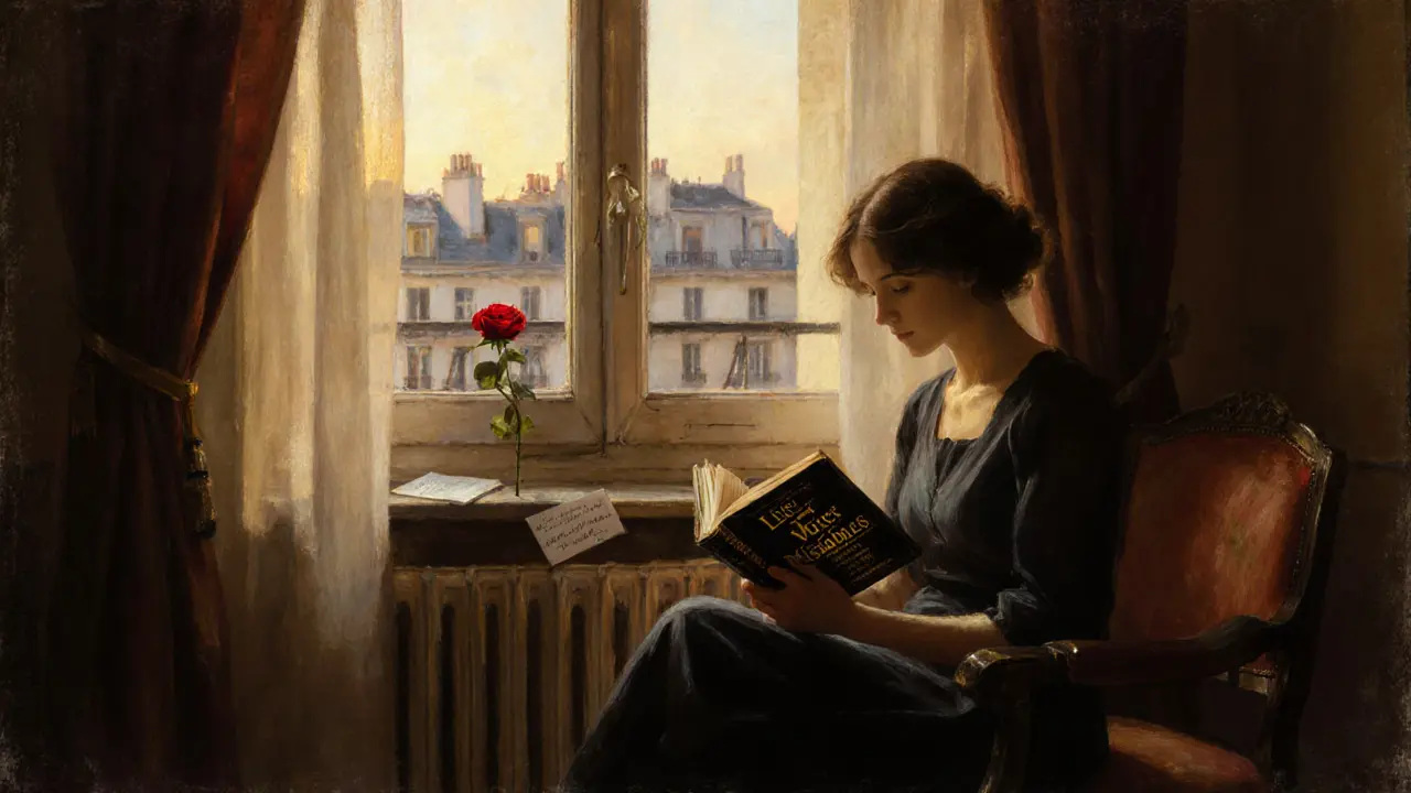 A woman reads a marked copy of Les Misérables by a sunlit window, a red rose and note beside her.