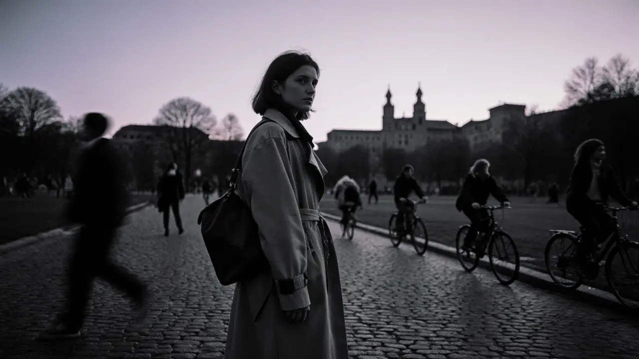 A woman standing thoughtfully in Sforza Castle Park at dusk, alone amidst blurred passersby.