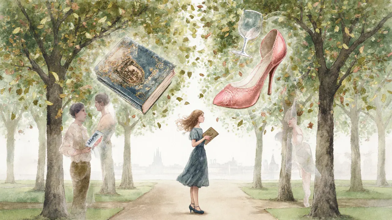 A woman stands in Luxembourg Gardens as ghostly memories of companions fade among the trees.