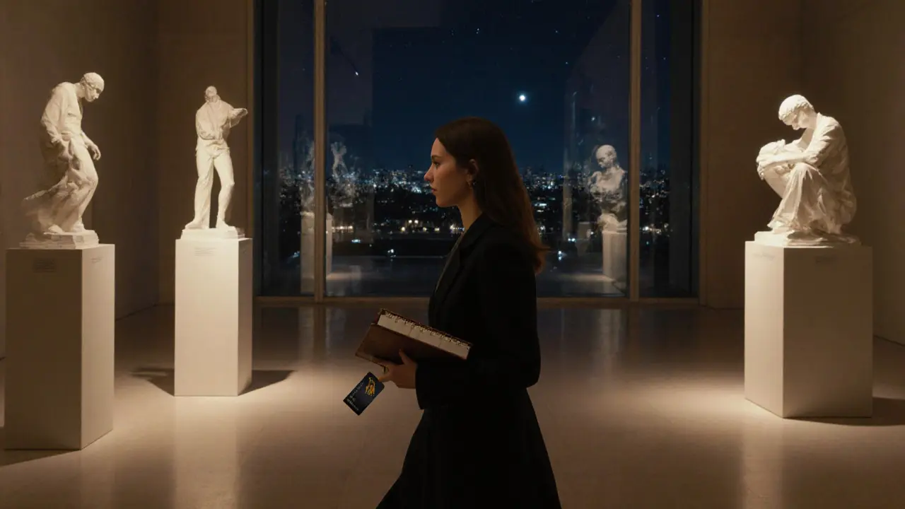 A woman walking alone through an empty art museum at midnight, illuminated by sculptural spotlights.
