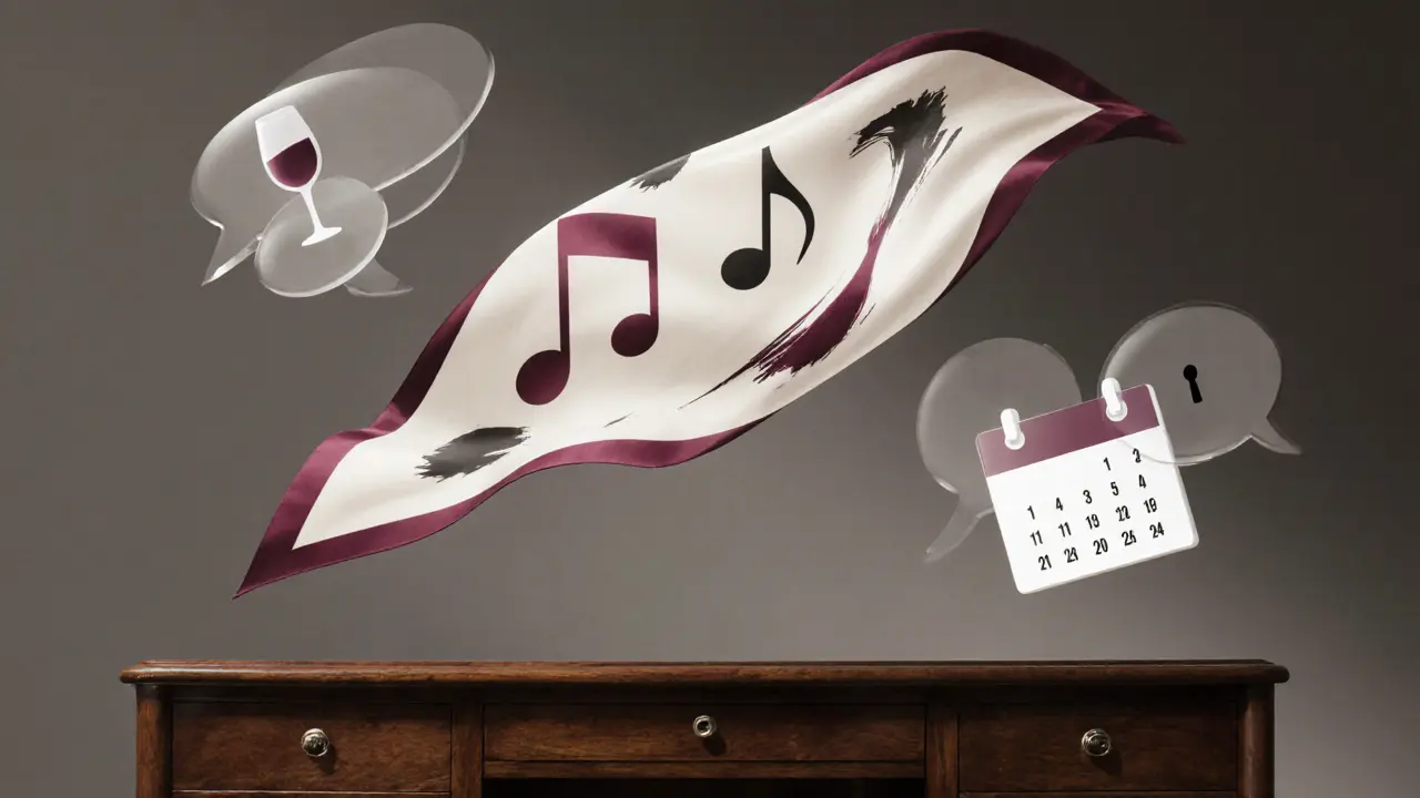 An abstract symbolic composition of a silk scarf with hidden motifs representing refined companionship.