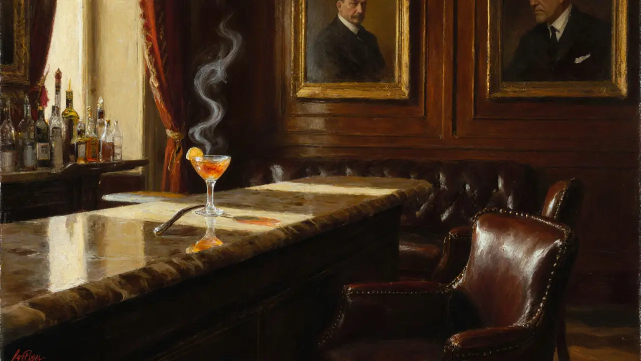 An elegant, dimly lit bar with leather chairs and a marble counter, evoking 1920s literary luxury.