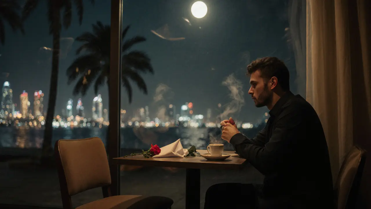 An empty chair at a quiet café in Abu Dhabi, with a rose and napkin left behind, hinting at a meaningful encounter.