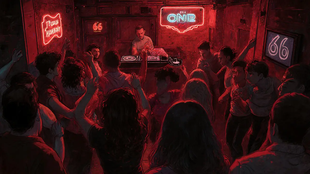 An intimate underground basement party with dancers under neon lights, raw and unmarked, pulsing with experimental techno.