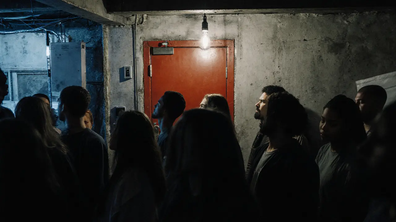 An underground sound lab where people listen silently to experimental music in a concrete warehouse.