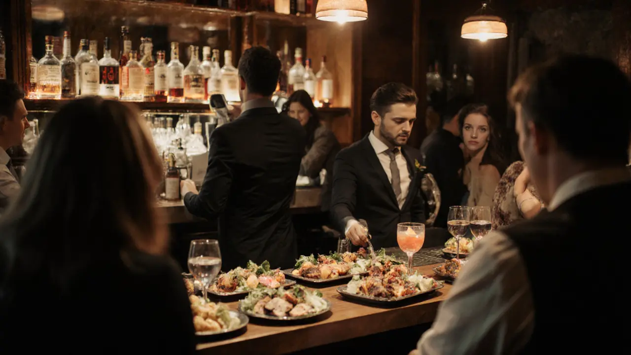 Bar Basso during aperitivo with locals enjoying gourmet snacks and cocktails at a wooden bar.