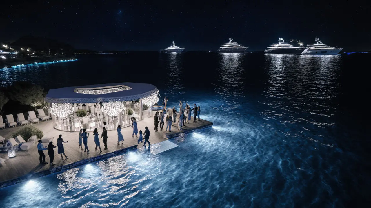 Beachside Club 55 at night with chandeliers, dancing silhouettes, and glowing water under a starry sky.