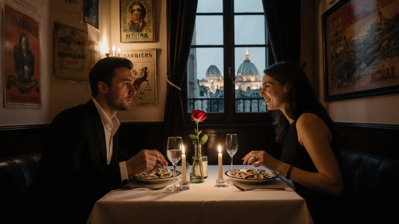 Candlelit dinner with oysters and a rose in a Montmartre restaurant