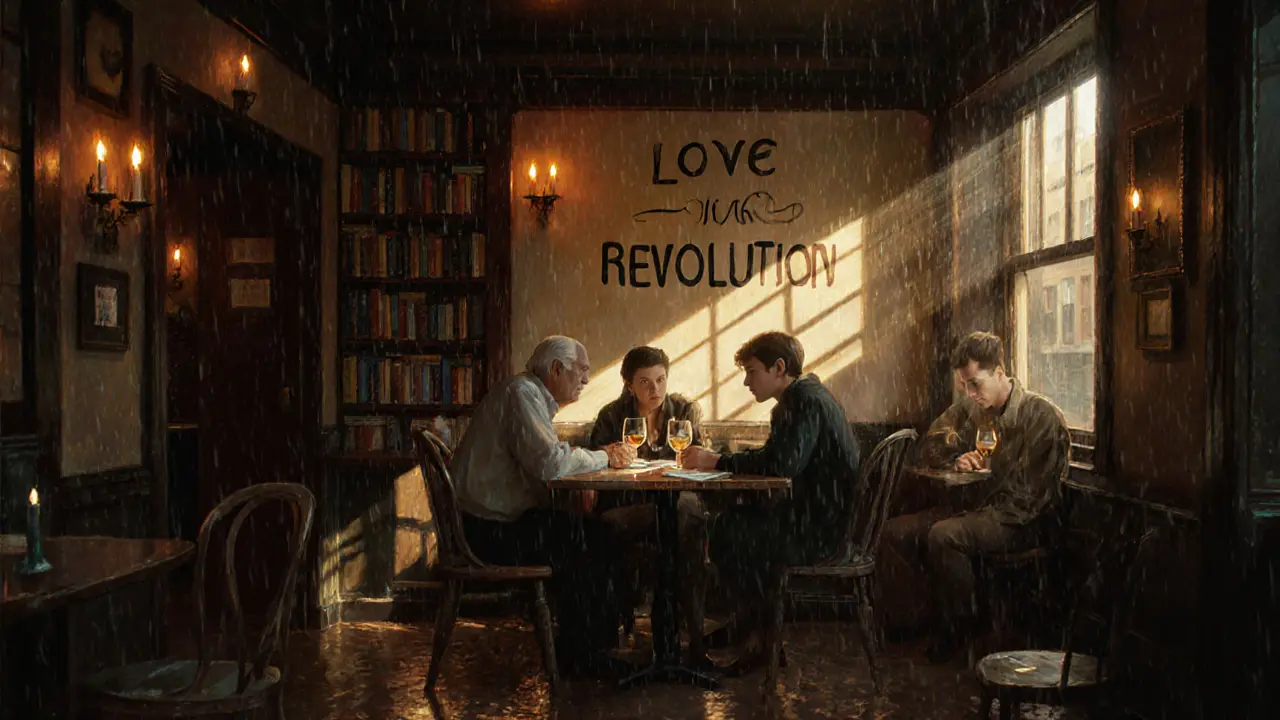 Candlelit pub interior with queer history books and a mural saying &#039;Love is the Revolution&#039;.