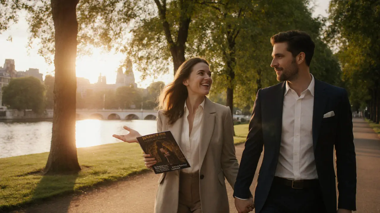 Couple walking peacefully in Hyde Park at sunset, holding hands with a museum brochure in hand.