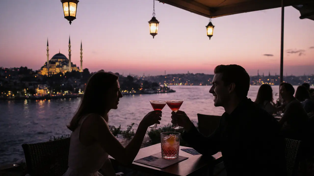 Couples enjoying raki cocktails on a rooftop bar with Istanbul&#039;s minarets glowing in twilight.