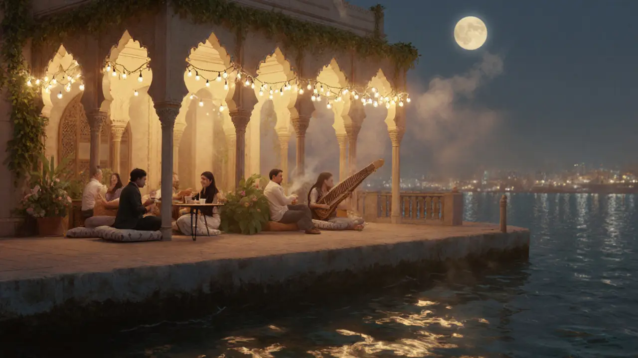 Cozy Arabic lounge with string lights, oud music, and patrons relaxing by the water.