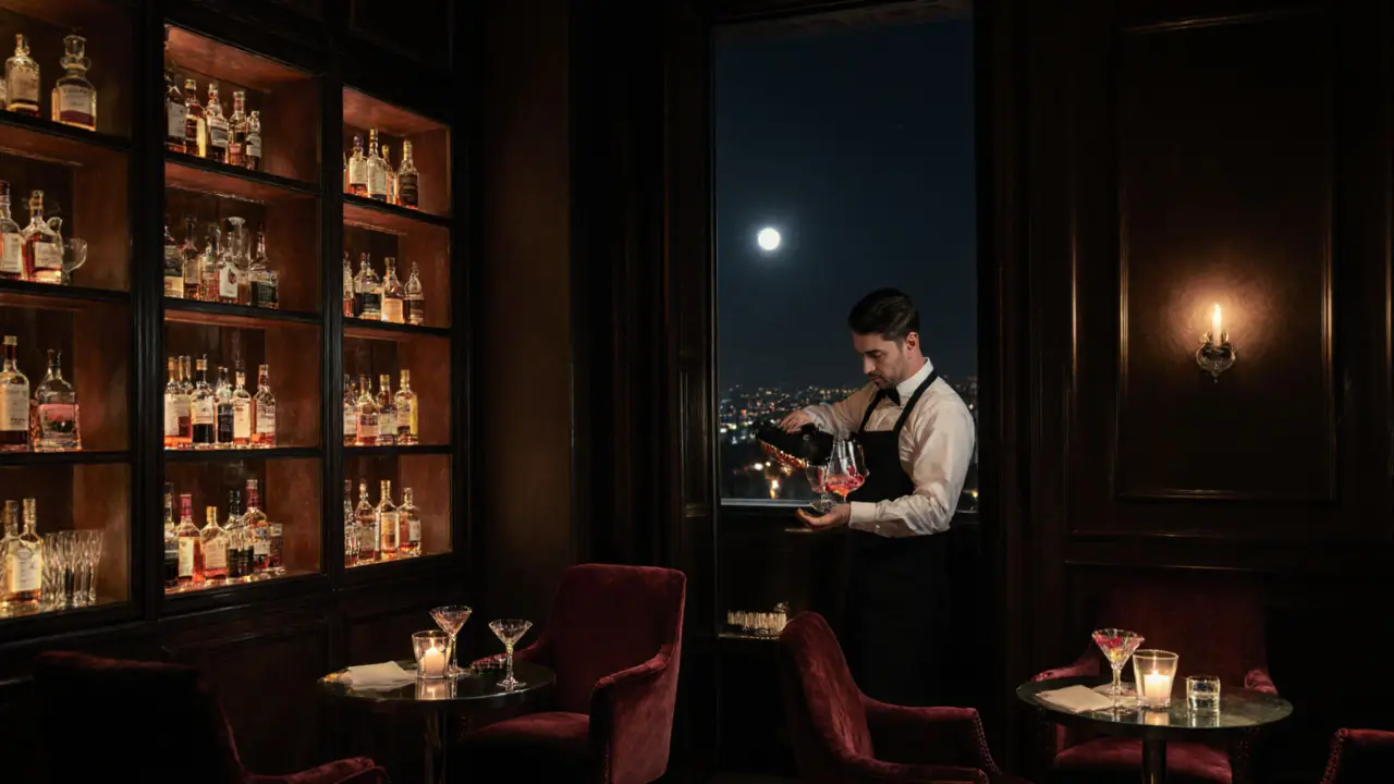 Cozy hidden lounge with velvet chairs and candlelight, bartender pouring a cocktail in a historic palazzo.