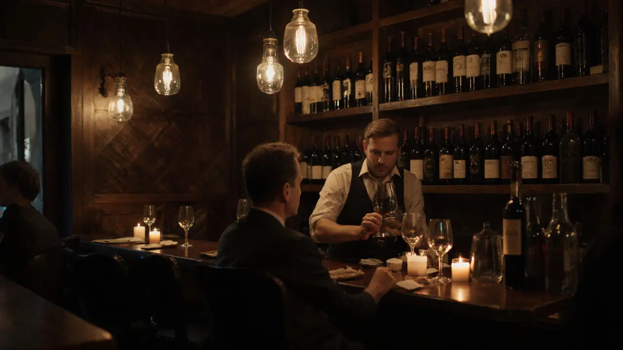 Cozy wine bar with shelves of bottles and a bartender pouring wine by candlelight in Monaco&#039;s Old Town.