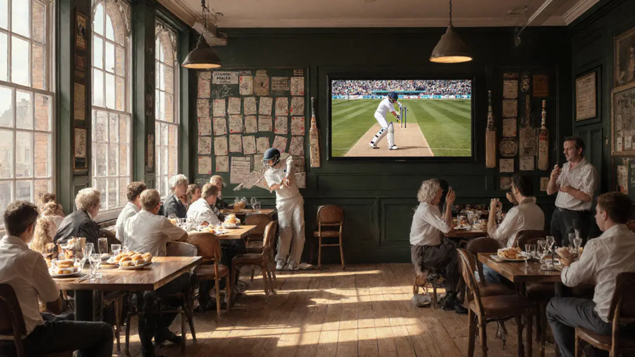 Cricket fans enjoying tea and sandwiches while watching a Test match in a cozy London pub.