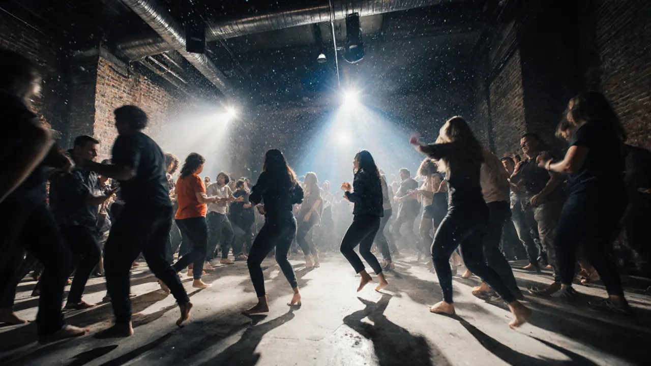 Crowd dancing in an industrial warehouse club with strobe lights and concrete floors, raw energy in the air.