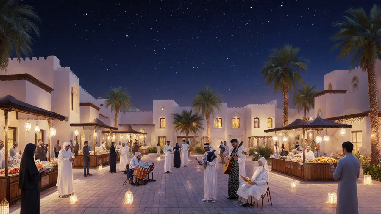 Cultural courtyard at Al Diar with lanterns, traditional music, and people enjoying Emirati food under the stars.
