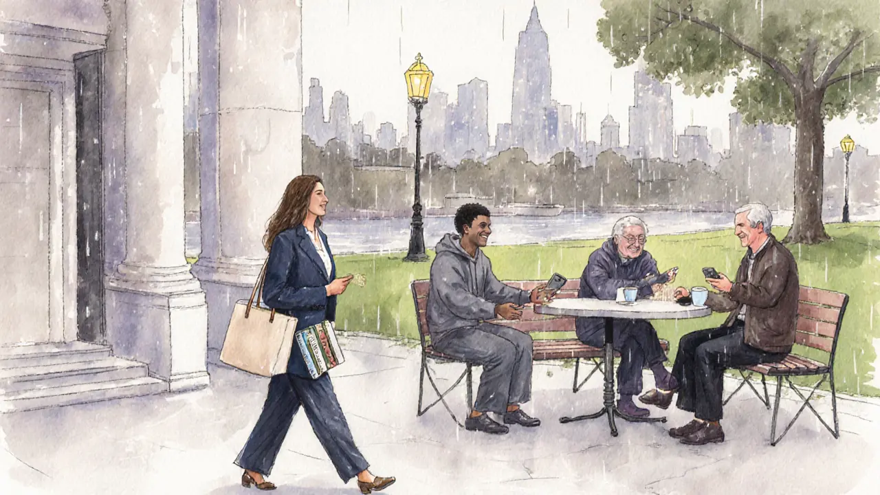 Diverse Londoners in everyday moments—museum, park, café—connected by unseen threads of companionship.