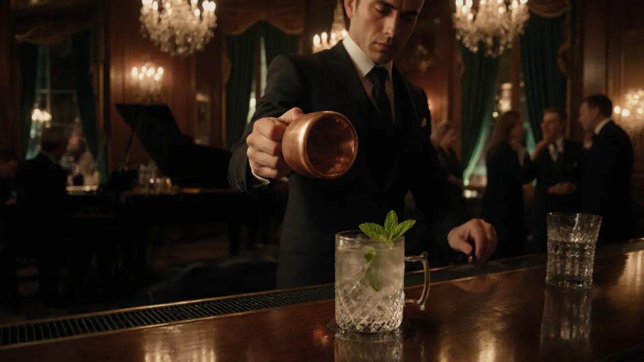 Elegant bar interior with copper cocktail mug, piano shadows, and hushed patrons in dim chandelier light.
